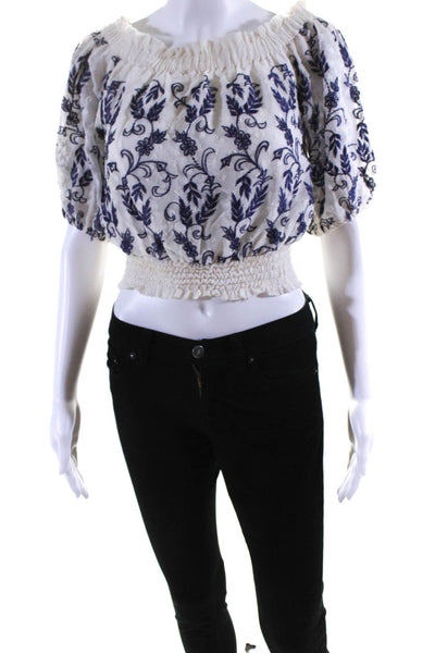 Misa Womens Embroidered Floral Off Shoulder Crop Top Blouse Blue White Size XS