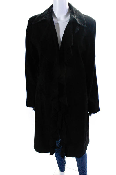 Margaret Godfrey Womens Suede Ruffled Front Coat Black Size Medium