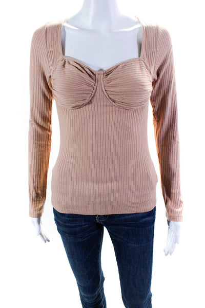 Rachel Pally Womens Ribbed Bust Square Neck Long Sleeved Blouse Peach Tan Size M