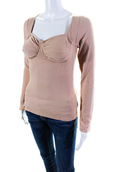 Rachel Pally Womens Ribbed Bust Square Neck Long Sleeved Blouse Peach Tan Size M