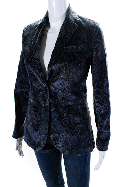 Circolo Womens V Neck Notched Lapel Velvet Paisley Blazer Jacket Blue Size IT 40
