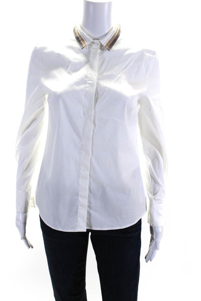 Peserico Womens Grosgrain Beaded Collar Long Sleeve Shirt Blouse White IT 38