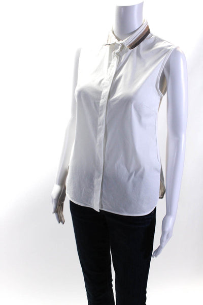 Peserico Womens Beaded Grosgrain Stripe Sleeveless Shirt Blouse White Size IT 38