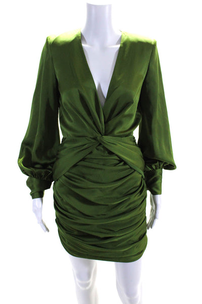 Jay Godfrey Womens Long Sleeve Satin Deep V Neck Draped Dress Green Size 0