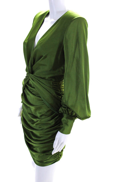 Jay Godfrey Womens Long Sleeve Satin Deep V Neck Draped Dress Green Size 0