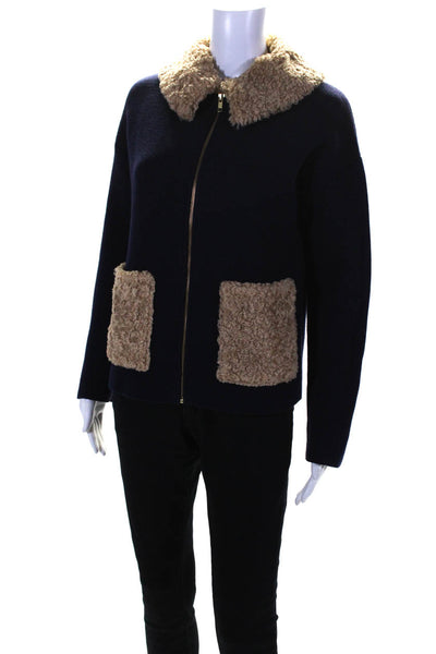 Boden Womens Front Zip Detachable Collar Knit Jacket Navy Blue Cotton Size 4