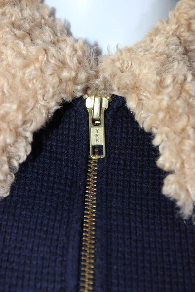Boden Womens Front Zip Detachable Collar Knit Jacket Navy Blue Cotton Size 4