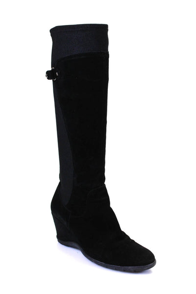 Aquatalia Womens Side Zip Wedge Heel Knee High Boots Black Suede Size 8.5