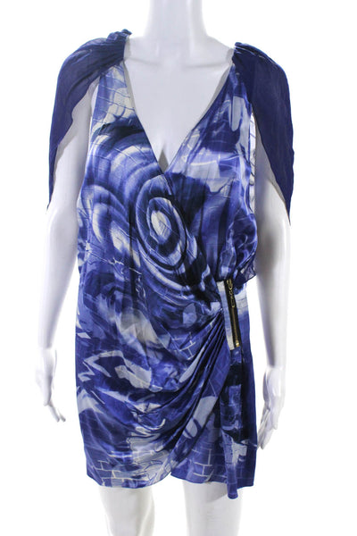 Iodice Women's Silk Abstract Print V-Neck Gathered Wrap Dress Blue Size 4