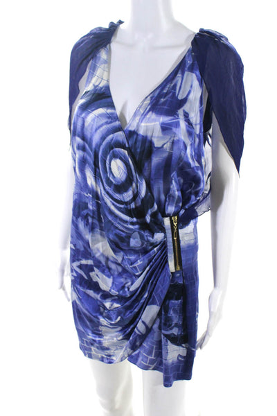 Iodice Women's Silk Abstract Print V-Neck Gathered Wrap Dress Blue Size 4