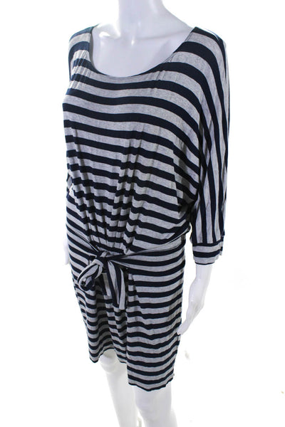 Vince Womens Belted 3/4 Sleeve Striped Draped Shirt Dress Gray Navy Size XS