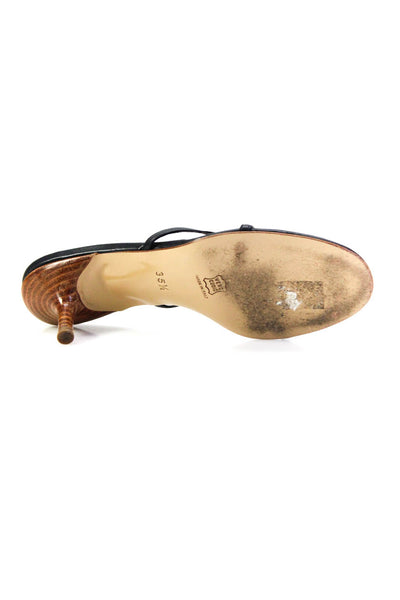 A. Testoni Womens Leather Open Toe Strappy Gold Tone Emblem Mules Black Size 5.5