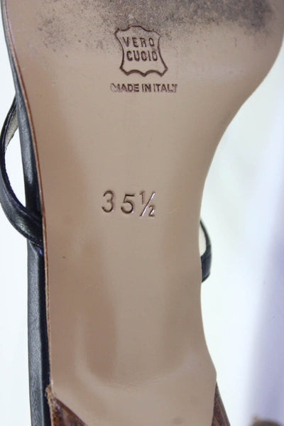 A. Testoni Womens Leather Open Toe Strappy Gold Tone Emblem Mules Black Size 5.5