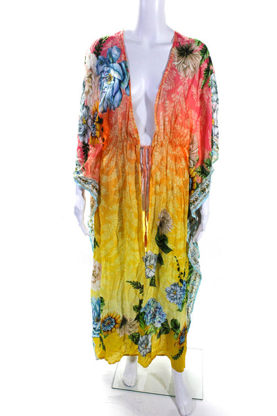 Agua Bendita Womens Floral Short Sleeved Kimono Robe Yellow Pink Size One Size