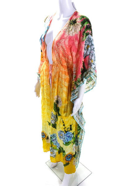 Agua Bendita Womens Floral Short Sleeved Kimono Robe Yellow Pink Size One Size