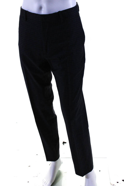 Theory Mens Dark Blue Wool Plaid Pleated Straight Leg Dress Pants Size 34