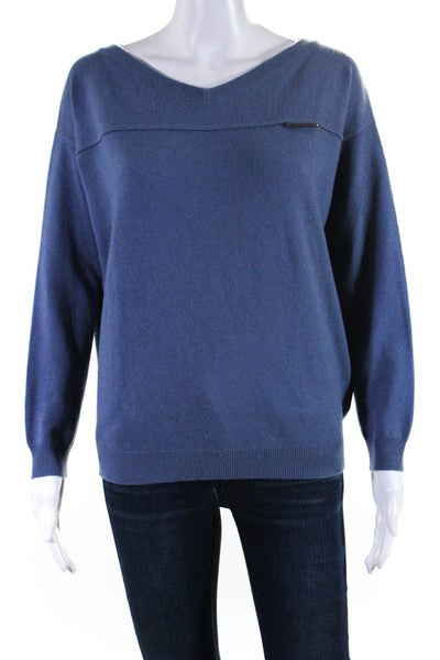 Brunello Cucinelli Womens V Neck Monili Trim Cashmere Sweater Blue Size 2XS