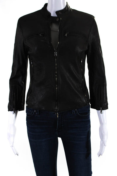 R13 Womens 3/4 Sleeve Front Zip Crew Neck Leather Jacket Black Size Medium