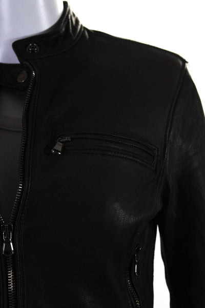 R13 Womens 3/4 Sleeve Front Zip Crew Neck Leather Jacket Black Size Medium