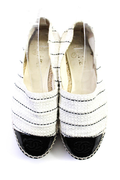 Chanel Womens Tweed Cap Toe Slide On Espadrille Flats White Black Size 35 5