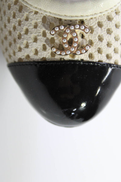 Chanel Womens Leather Cap Toe Jeweled Logo Pumps White Black Size 36 6