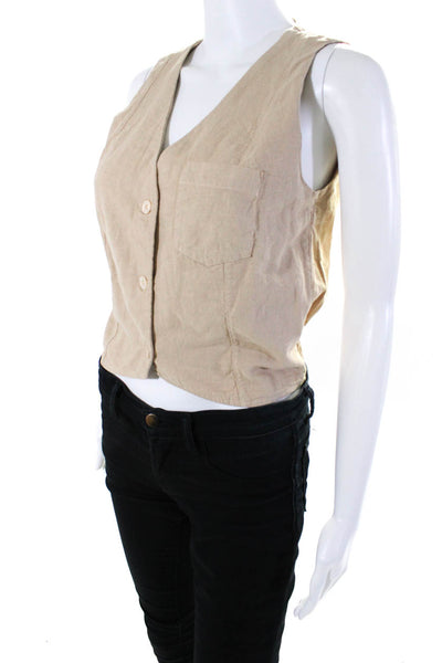Stateside Womens Woven V Neck Button Up Vest Beige Linen Size Extra Small