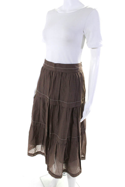 Peserico Womens Beaded Tiered Voile A Line Midi Skirt Brown Cotton Size IT 40