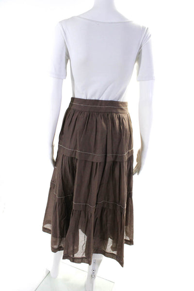 Peserico Womens Beaded Tiered Voile A Line Midi Skirt Brown Cotton Size IT 40