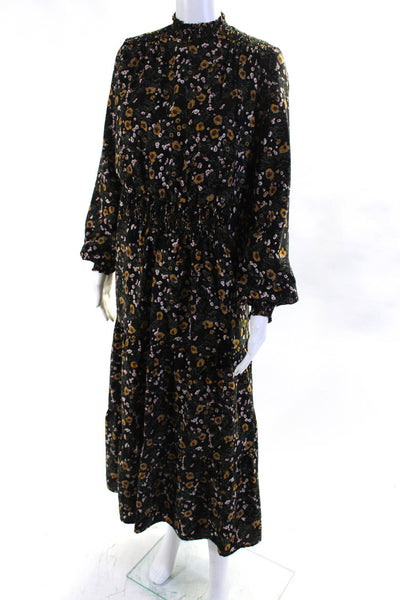 NYC Factory Womens Back Zip Long Sleeve Smocked Floral Maxi Dress Black Large