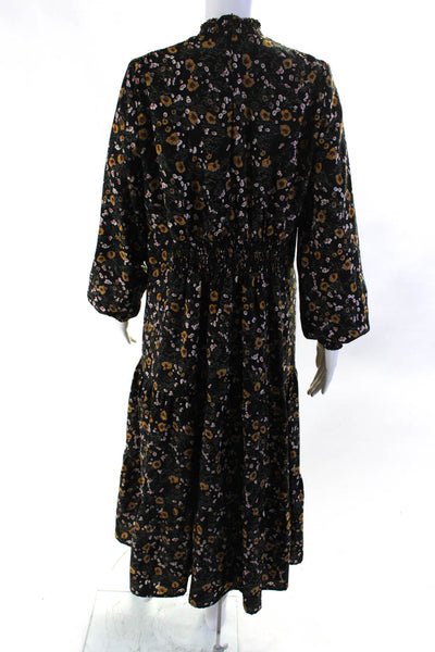 NYC Factory Womens Back Zip Long Sleeve Smocked Floral Maxi Dress Black Large
