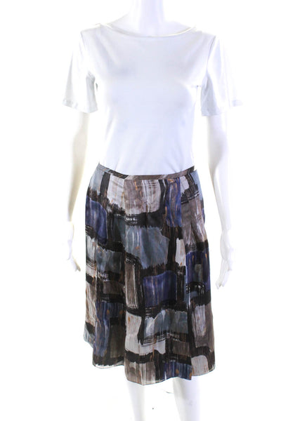 Magaschoni Collection Womens Side Zip Check Silk A Line Skirt Brown Blue Size 6