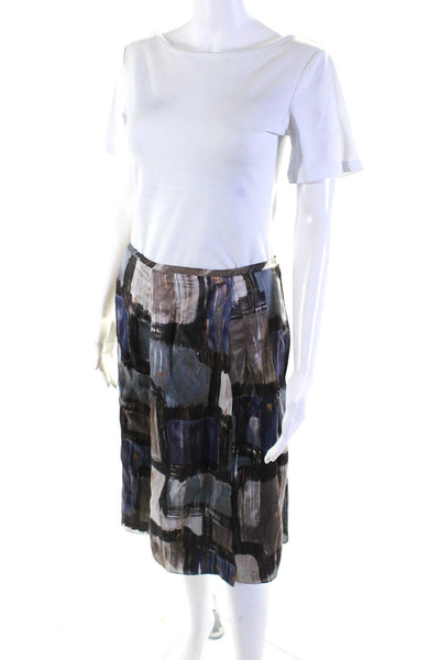 Magaschoni Collection Womens Side Zip Check Silk A Line Skirt Brown Blue Size 6