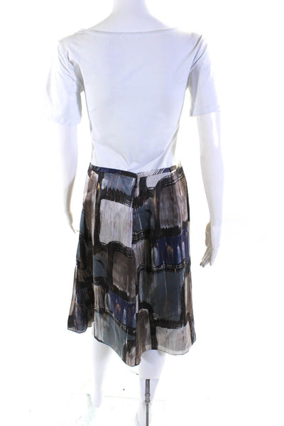 Magaschoni Collection Womens Side Zip Check Silk A Line Skirt Brown Blue Size 6