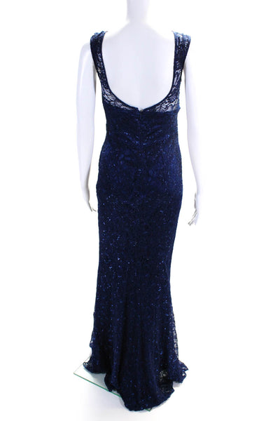 Theia Womens Back Zip Sleeveless Metallic Lace Overlay Dress Blue Size 4