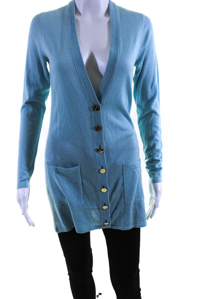 Magaschoni Women's Silk Long Sleeve V-Neck Button Down Cardigan Blue Size S