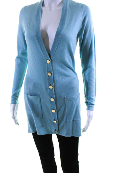 Magaschoni Women's Silk Long Sleeve V-Neck Button Down Cardigan Blue Size S