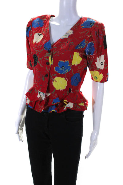 Ungaro Womens Floral Print Short Sleeves Blouse Red Cotton Size 6