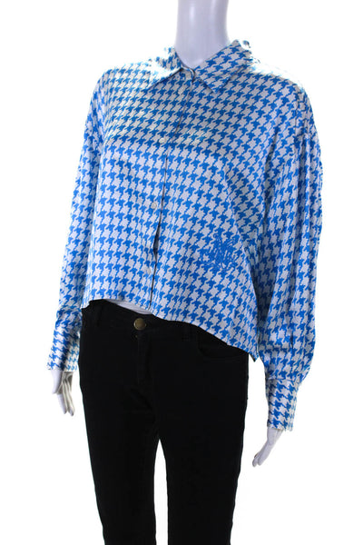 dMn Womens Satin Houndstooth Button Up Shirt Blouse Blue White Silk Size Medium
