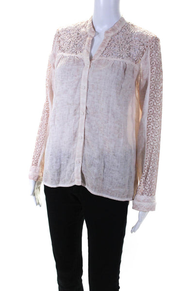 120% Lino Womens Floral Lace Long Sleeve Y Neck Shirt Blouse Pink Linen IT 40
