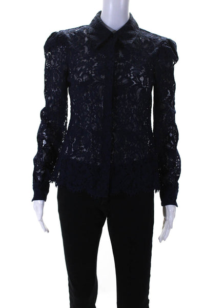 L'Agence Womens Long Sleeve Sheer Lace Button Up Top Blouse Navy Blue Size XS