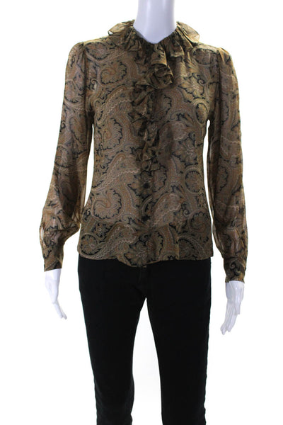 Nili Lotan Womens Paisley Ruffle Chiffon Button Up Top Blouse Brown Black XS