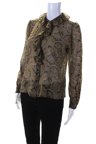 Nili Lotan Womens Paisley Ruffle Chiffon Button Up Top Blouse Brown Black XS