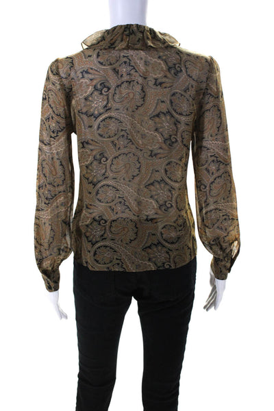 Nili Lotan Womens Paisley Ruffle Chiffon Button Up Top Blouse Brown Black XS