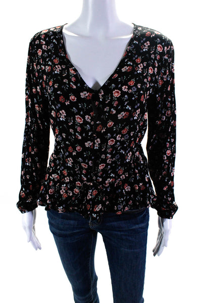 Rails Womens Floral Print Long Sleeve Ruffled Hem Button Up Blouse Black Size XS