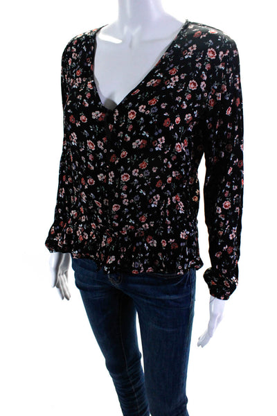 Rails Womens Floral Print Long Sleeve Ruffled Hem Button Up Blouse Black Size XS