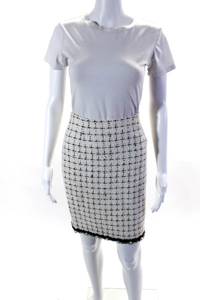 Escada Womens Tweed Pearl Trim Pencil Skirt White Black Wool Size EUR 32