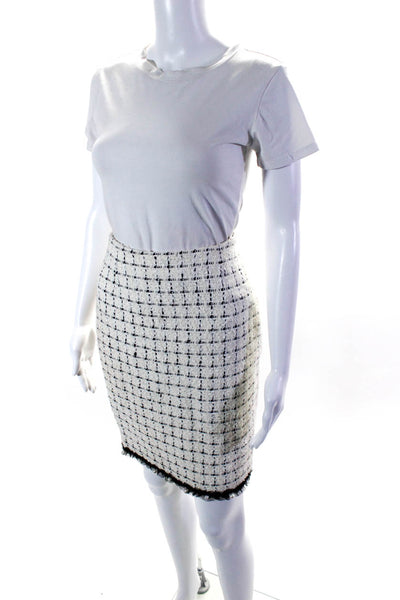 Escada Womens Tweed Pearl Trim Pencil Skirt White Black Wool Size EUR 32