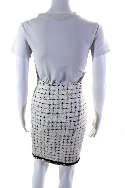 Escada Womens Tweed Pearl Trim Pencil Skirt White Black Wool Size EUR 32