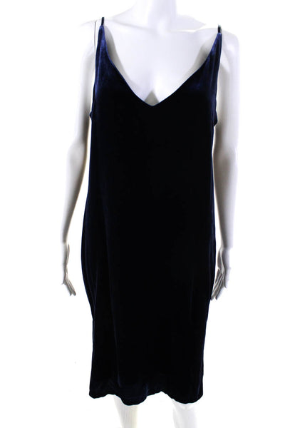 L'Agence Women's Velvet V-Neck Spaghetti Strap Shift Dress Blue Size L