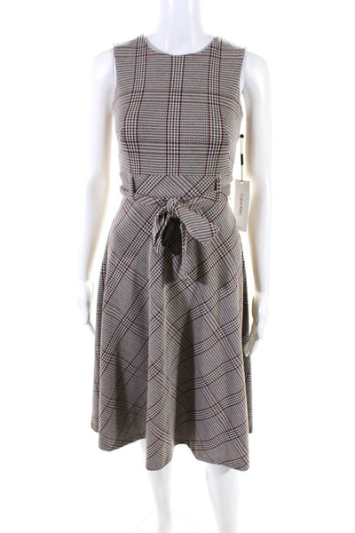 Calvin Klein Women's Sleeveless Belted Fit Flare Midi Plaid Dress Size 0